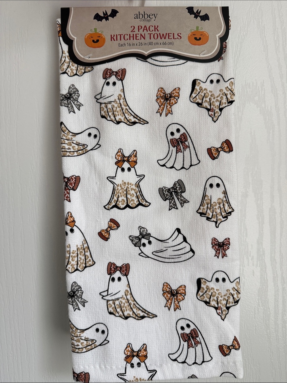 Abbey Halloween leopard ghost Kitchen Towels 2 Pack White Gold & Black Accent